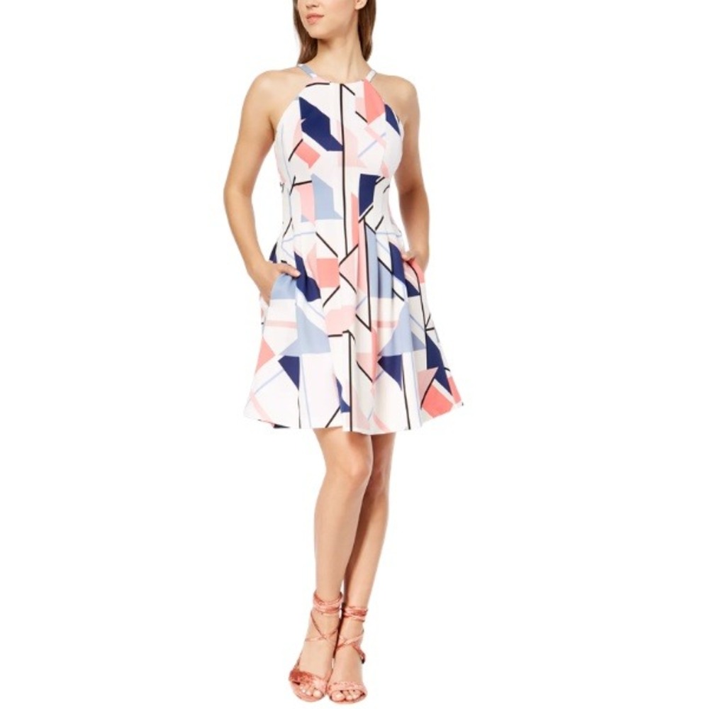 VINCE CAMUTO White geometric‎ fit and flare dress | Contemporary party | Size 12